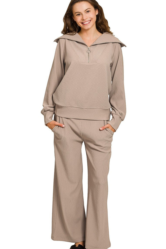elastic waist ribbed lounge pant in light mocha