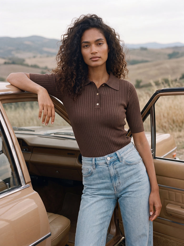 Mocka Mix Ribbed Polo Collar Knit Sweater - Full Body View - Suzy Shier