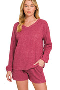 soft red v neck long sleeve lounge top