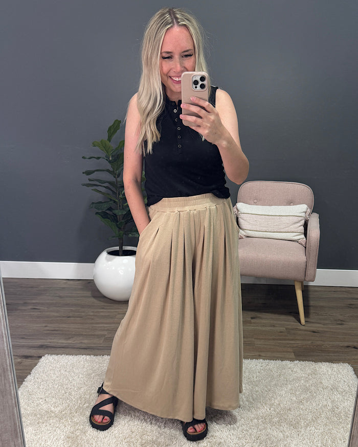 Right Here Wide Leg Pleated Knit Pants - Beige Heyson