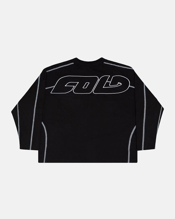 ROLLER LONGSLEEVE TEE BLACK - black oversized longsleeve tee, back view - Cold Culture