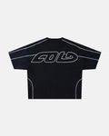 ROLLER TEE BLACK - black contrast stitch boxy tee, back view - Cold Culture