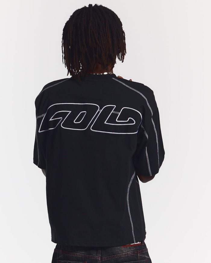 ROLLER TEE BLACK - black contrast stitch boxy tee, back view on male model - Cold Culture #man