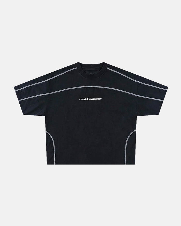 ROLLER TEE BLACK - black contrast stitch boxy tee, front view - Cold Culture