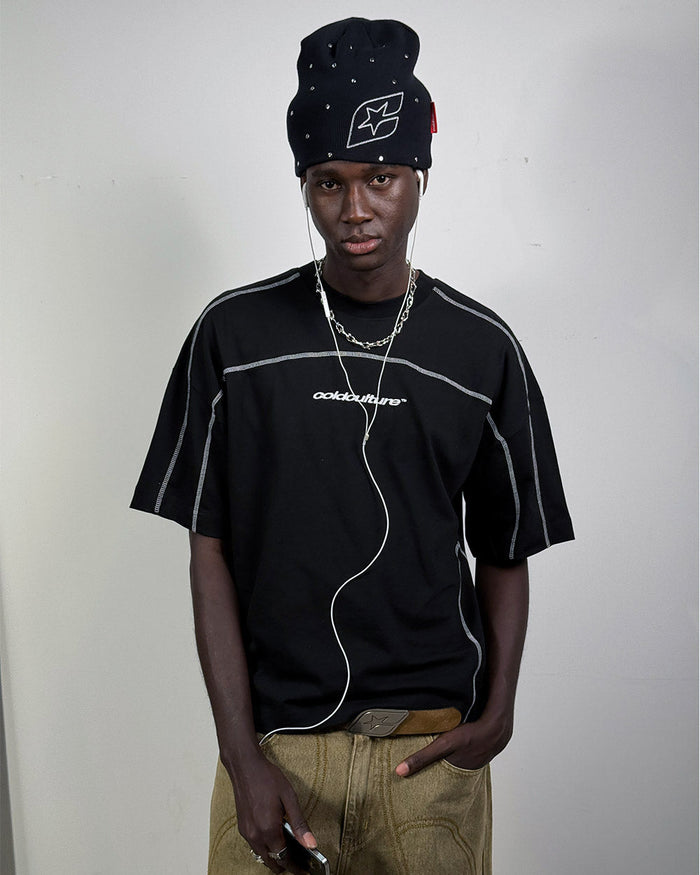ROLLER TEE BLACK - black contrast stitch boxy tee, front view on male model - Cold Culture