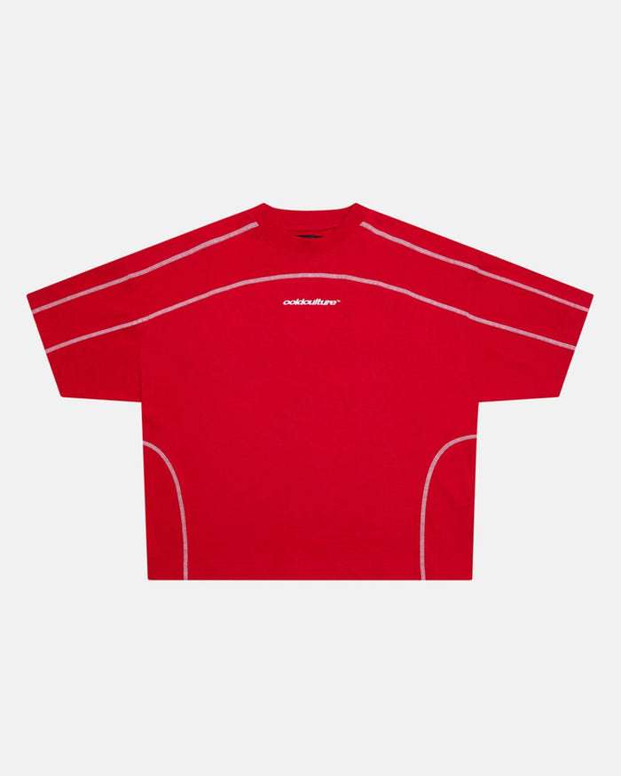 ROLLER TEE RED - red oversized tee, front view - Cold Culture