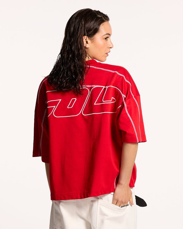 ROLLER TEE RED - red oversized tee, back view on female model - Cold Culture #woman