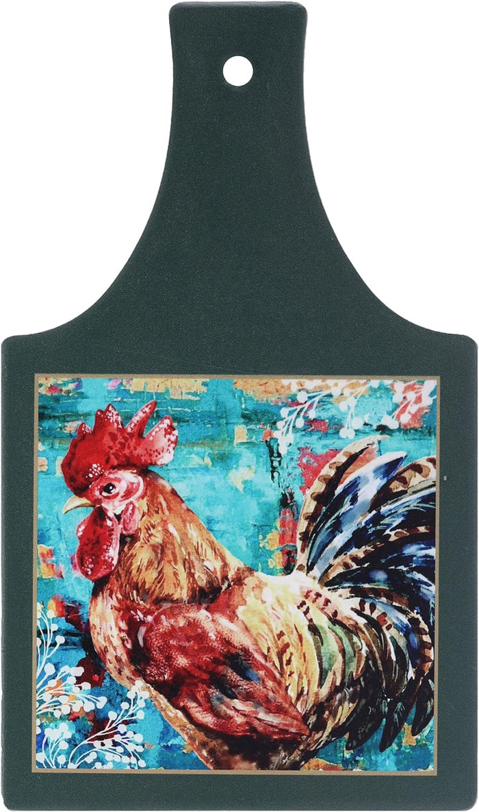 Rooster Trivet Heat Resistant Ceramic with Slip-Free Cork Farmhouse Design (Green)