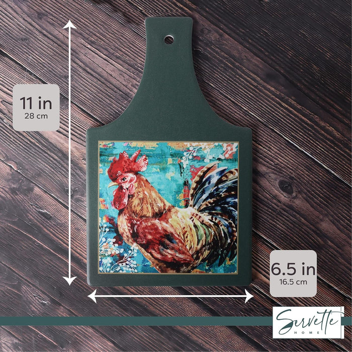 Rooster Trivet Heat Resistant Ceramic with Slip-Free Cork Farmhouse Design (Green)