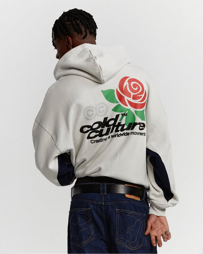 ROSE HOODIE PEARL GREY - pearl grey graphic print hoodie, back view on male model - Cold Culture #man