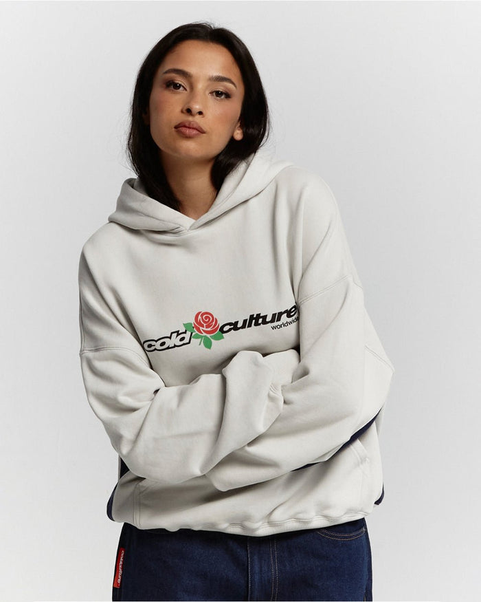 ROSE HOODIE PEARL GREY - pearl grey graphic print hoodie, front view on female model - Cold Culture #woman