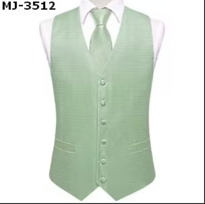 Sage Green Waistcoat vest Tie Handkerchief Cufflink Set - MJ-3512