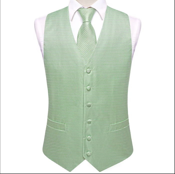 Sage Green Waistcoat vest Tie Handkerchief Cufflink Set - MJ-3512