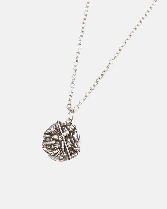 SAINT NECKLACE - silver saint medallion necklace, detail close-up - Cold Culture