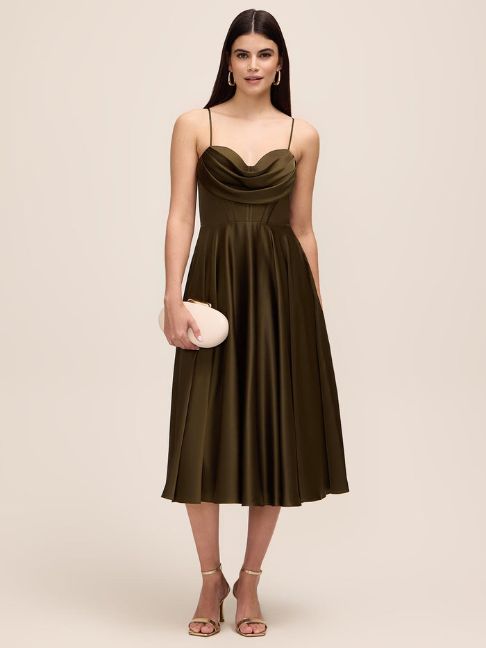 Khaki Satin Fit & Flare Dress with Cowl Neck - Woman Wearing Cocktail-Length Evening Dress - Le Chateau