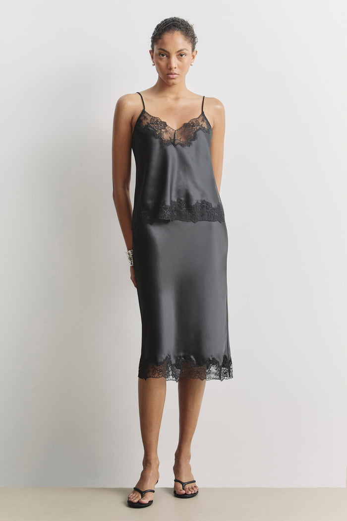 Satin Lace Detail Midi Skirt - Black