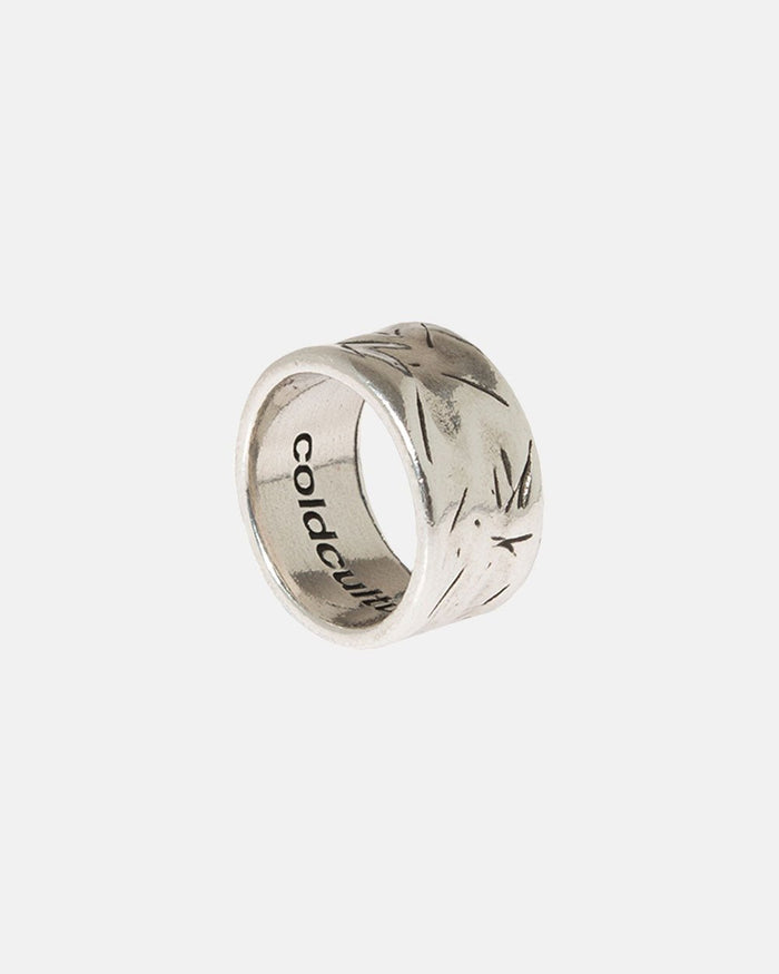 SCRATCH RING - silver scratched band ring, front view - Cold Culture