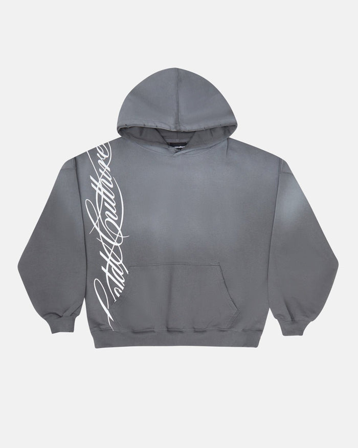 SCRIPT HOODIE ANTRACITE GREY - grey script print hoodie, front view - Cold Culture