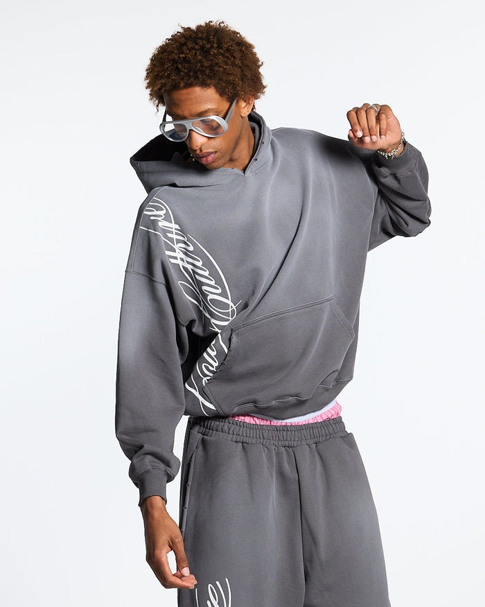 SCRIPT HOODIE ANTRACITE GREY - grey script print hoodie, front view on male model - Cold Culture #man