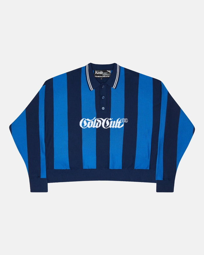 SEAWAVES KNIT BLUE STRIPES - blue striped knit sweater, front view - Cold Culture