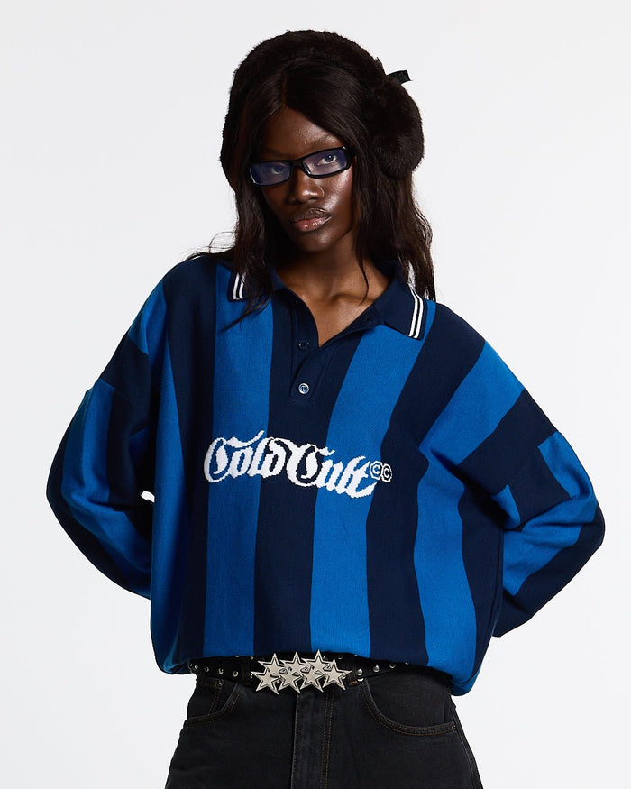 SEAWAVES KNIT BLUE STRIPES - blue striped knit sweater, front view on female model - Cold Culture #woman