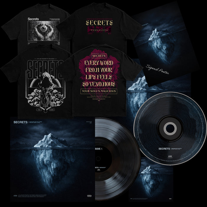 SECRETS merch and album art with iceberg graphic, Graphite Vinyl LP from "Searching For The Things We Don't Wish To Find," tees, and signed poster—grab yours in the album presale!.