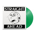 A green vinyl LP by Straight Ahead partially slides from a white, self-titled cover featuring "STRAIGHT AHEAD" in bold black letters above and below a black-and-white illustration of a fierce, roaring creature inside a circle.