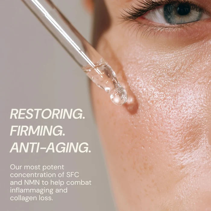 Close-up of a dropper applying skincare product to skin with text about SFC, NMN, and anti-aging benefits.