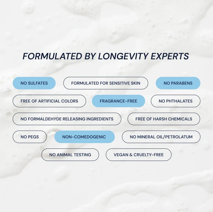 List of product features formulated by longevity experts on a textured white background