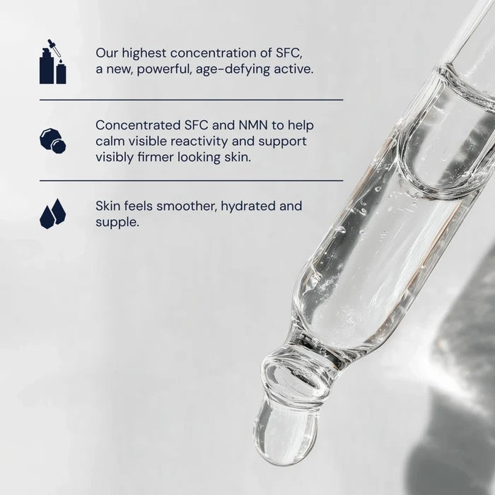Glass dropper with clear liquid on a light gray background, featuring text about SFC and NMN skincare benefits.