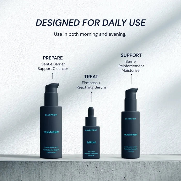 Three skincare products with labels on a gray background