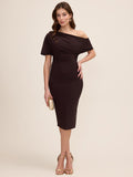 Coco Powder Asymmetrical Neckline Sheath Dress - Woman Wearing Elegant Fitted Dress - Le Chateau