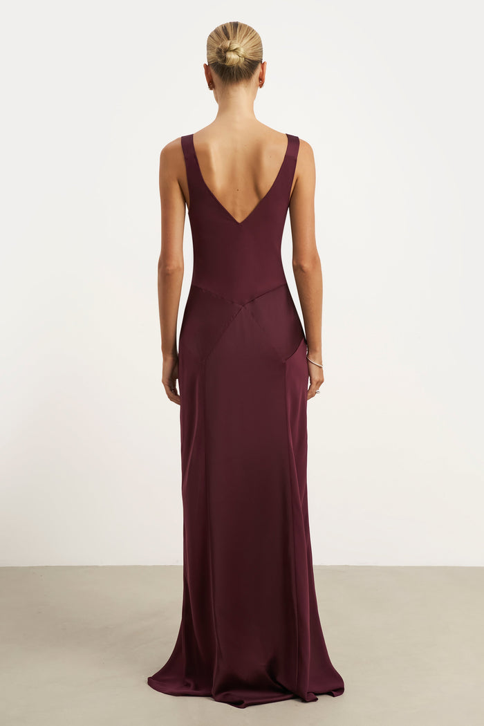 Sheer Chiffon Cowl Neck Satin Panel Gown - Mulberry