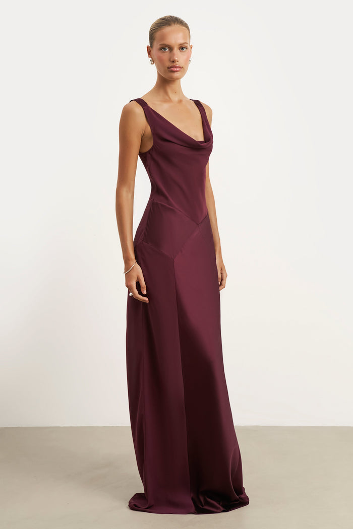 Sheer Chiffon Cowl Neck Satin Panel Gown - Mulberry