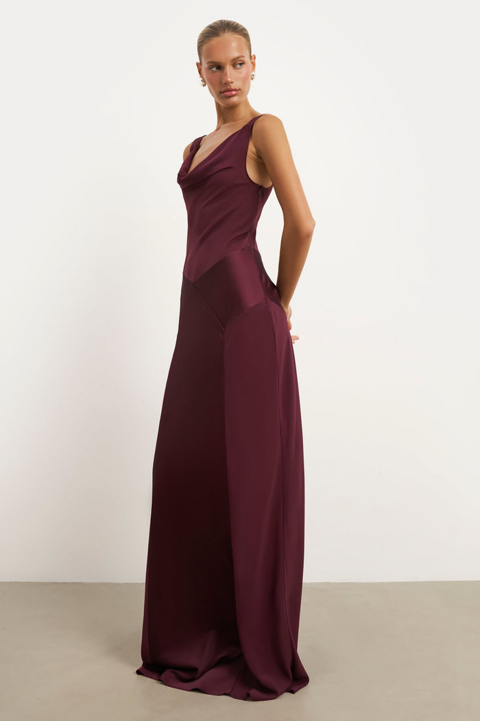 Sheer Chiffon Cowl Neck Satin Panel Gown - Mulberry