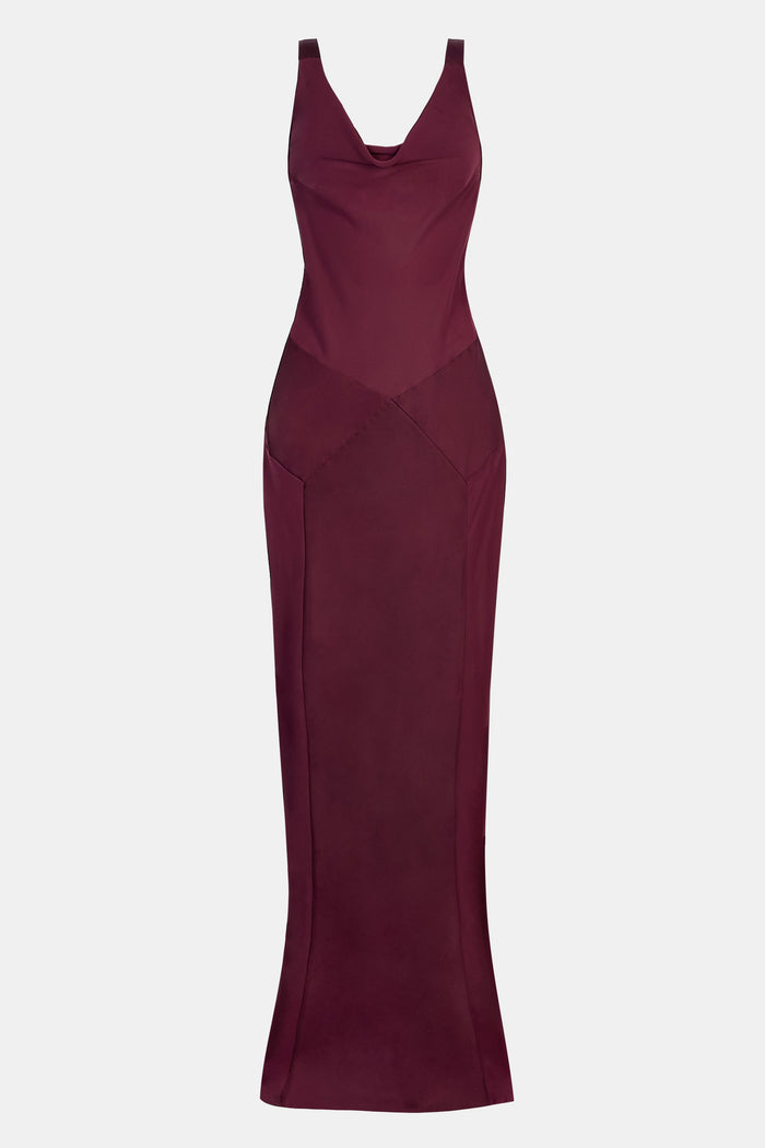 Sheer Chiffon Cowl Neck Satin Panel Gown - Mulberry