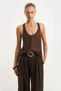 Sheer Plunge U Neck Tank Top - Carob