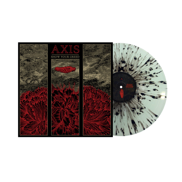 A translucent vinyl with black splatter by Axis is partially shown beside its album cover, titled Show Your Greed with red floral art, highlighting tracks like Sincerity Crippled Man on a dark, textured background.