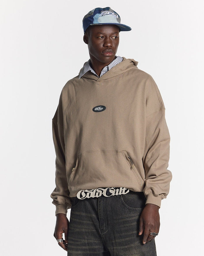 SILICONE DETAIL HOODIE SHADY BROWN - brown oversized hoodie, front view on male model - Cold Culture #man