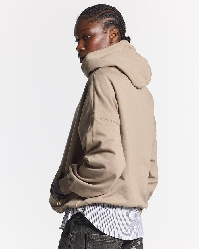 SILICONE DETAIL HOODIE SHADY BROWN - brown oversized hoodie, side view - Cold Culture #woman