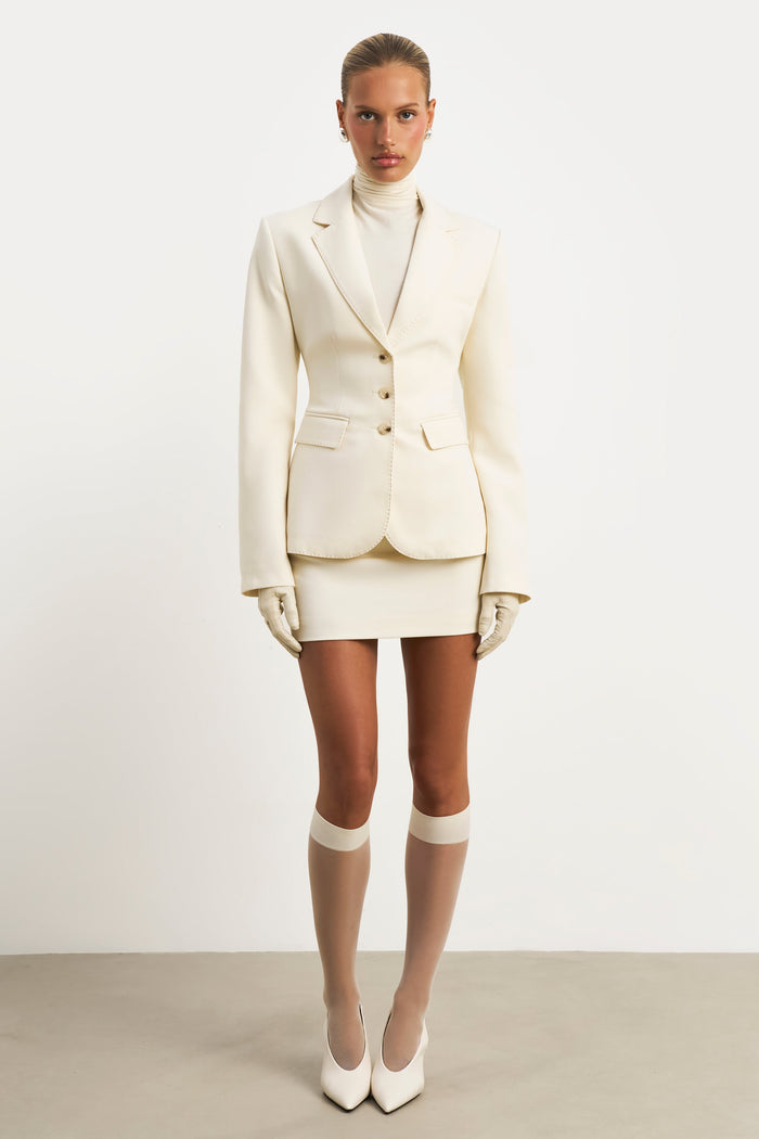 Single Breasted Cinched Waist Blazer - Cream