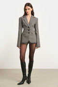 Single Breasted Cinched Waist Blazer - Houndstooth