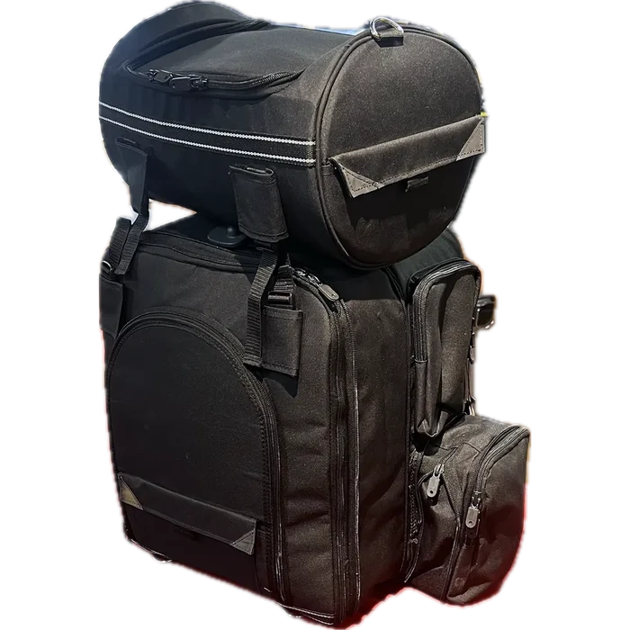 Motorcycle sissy bar bag with detachable top roll bag for flexible storage and long-distance travel.