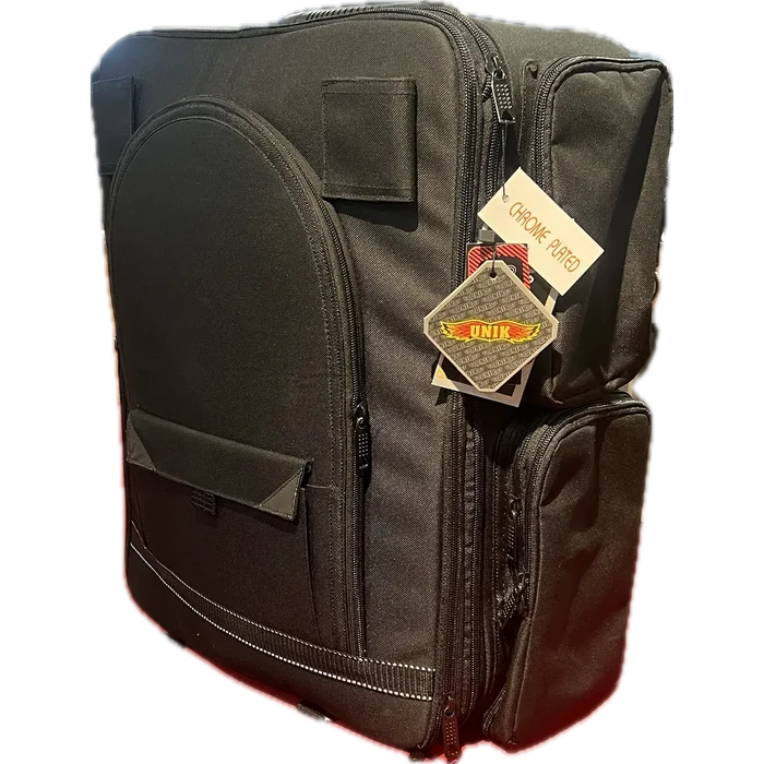 Motorcycle sissy bar bag shown without the detachable top roll bag, featuring multiple zippered compartments for travel storage.
