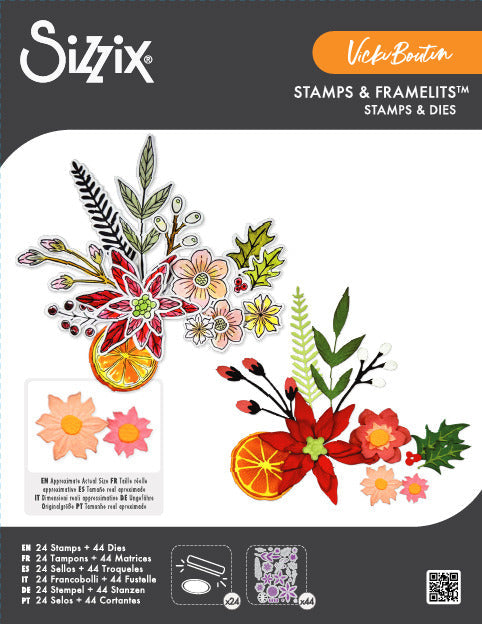 Sizzix - Framelits Die Set w/Stamps by Vicki Boutin - Winter Florals. 24 stamps and 44 dies. Available at Embellish Away located in Bowmanville Ontario Canada.