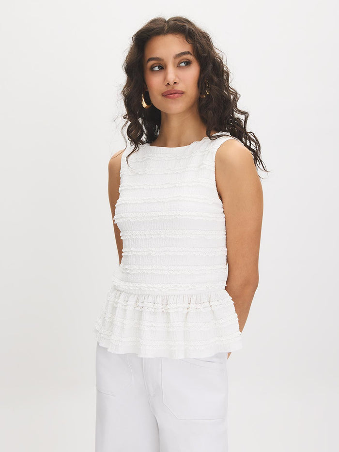 Snow White Textured Knit Peplum Top - Woman Wearing Sleeveless Boat Neck Blouse - Suzy Shier