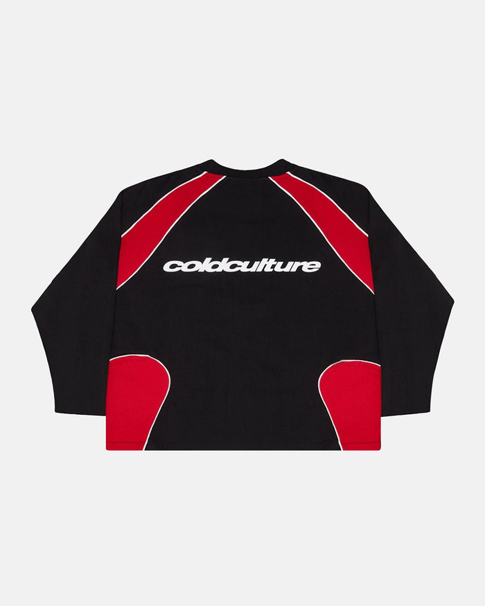 SLIDER LONGSLEEVE TEE BLACK & RED - black and red panelled longsleeve tee, back view - Cold Culture