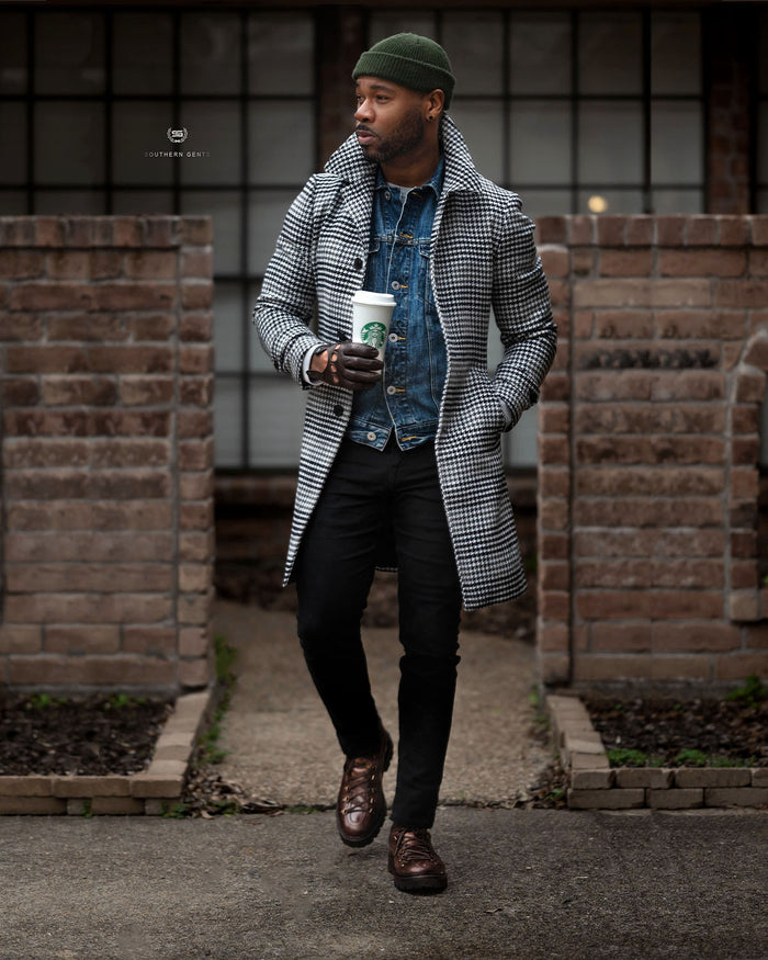 SG Car Coat - Black + White Houndstooth