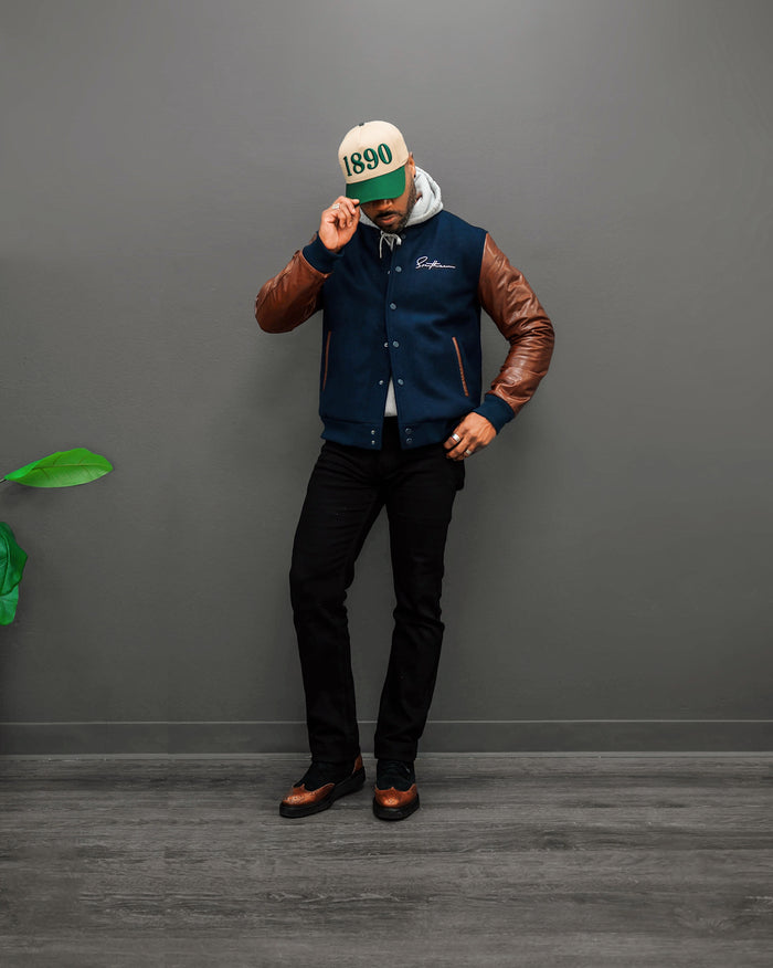 Southern Gents Signature Vintage Varsity Jacket - Navy + Brown and Black Wingtip Sport Boots with Vibram Sole
