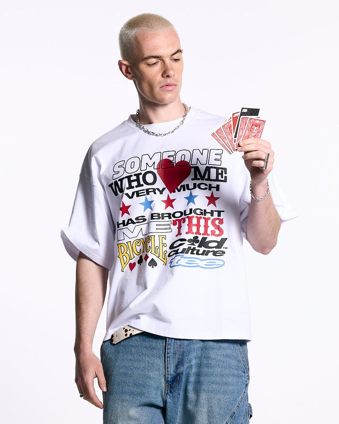 SOUVENIR BICYCLE TEE WHITE - white graphic print tee, front view on male model - Cold Culture #man